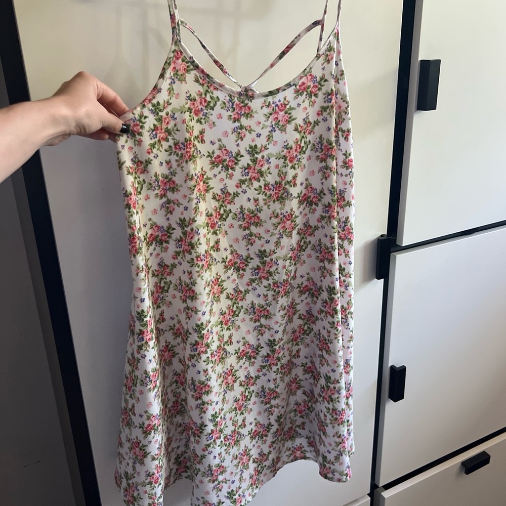Floral Slip Dress - White with Pink & Green Rose Print